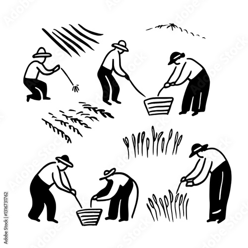 Farmers engaged in planting and harvesting crops in a vibrant rural landscape under a bright sky
