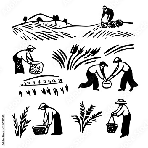 Farmers engaged in traditional harvesting methods in a scenic landscape of rolling hills and lush fields at sunset