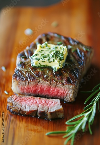 Perfectly Cooked Steak With Herbs and Butter Served on a Wooden Board
