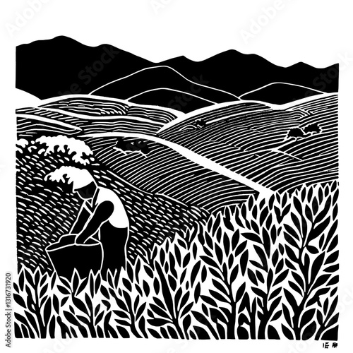 Embracing tranquility while tending to the fields in a serene landscape of rolling hills and lush greenery during a golden hour dusk