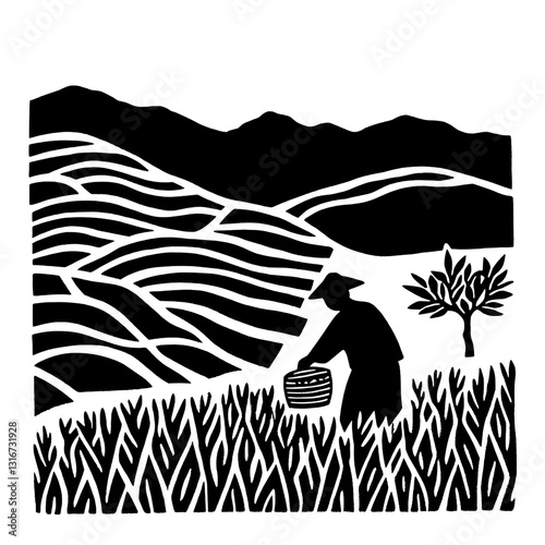 Farmers cultivate rich terraced fields under a serene sky near majestic mountains with vibrant crops ready for harvest