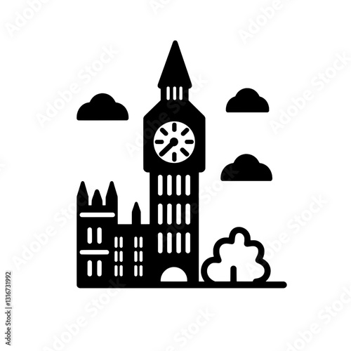 Vector illustration of a majestic clock tower in a serene landscape with clouds and lush greenery during a bright day