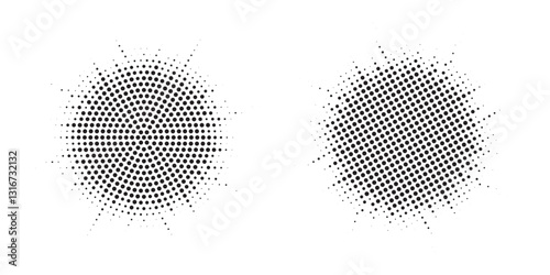 Halftone circle frame background set. Round border Icon using halftone random circle. Grunge circular stain. Vector illustration.