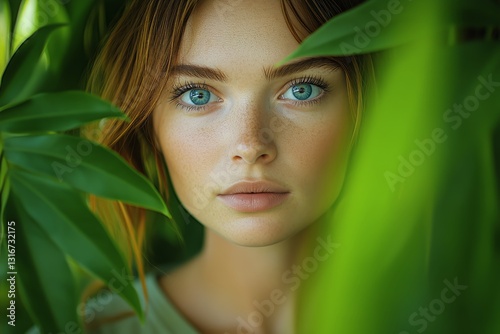 Beautiful Young Woman With Striking Blue Eyes Surrounded by Lush Green Leaves...