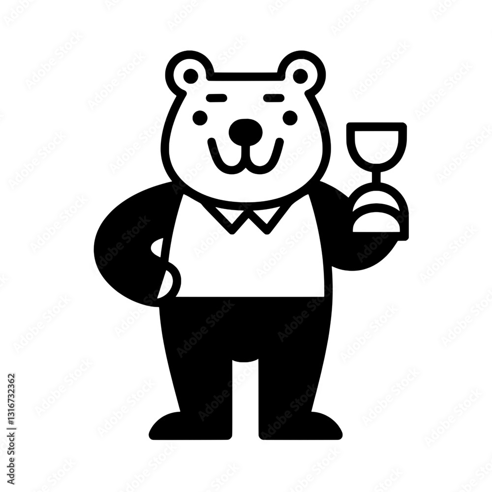 Cheerful bear waiter presenting a drink in a lively cafe environment Cheerful bear waiter presenting a drink in a lively cafe environment