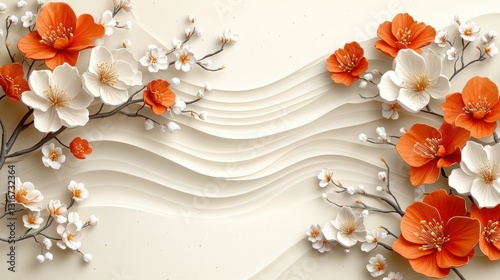 Fototapeta Naklejka Na Ścianę i Meble -  Floral wall decor with orange and white blossoms