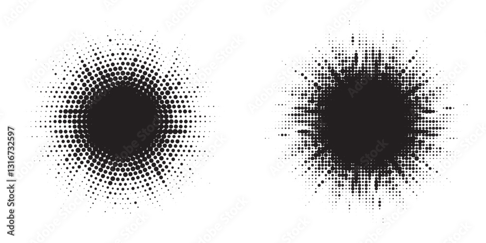 Halftone circle frame background set. Round border Icon using halftone random circle. Grunge circular stain. Vector illustration.