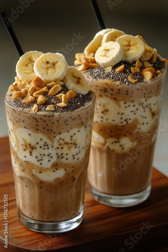 Chocolate Banana Parfait With Nuts Served in Glasses on a Wooden Table