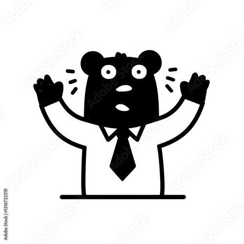 Vector illustration of a surprised bear in a business suit raising its hands in a playful and humorous manner