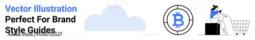 Shopping cart with person, cloud icon, and Bitcoin emblem. Ideal for cryptocurrency, fintech, e-commerce, online payments, digital solutions, cloud services flat landing page banner