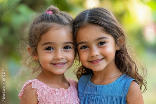 Two Smiling Young Girls With Curly Hair Enjoying a Sunny Day in a Park