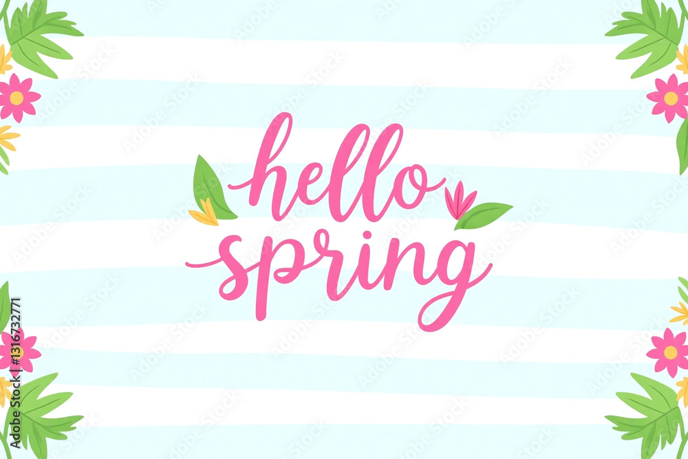 Obraz premium hello spring lettering with flowers and leaves on a blue background