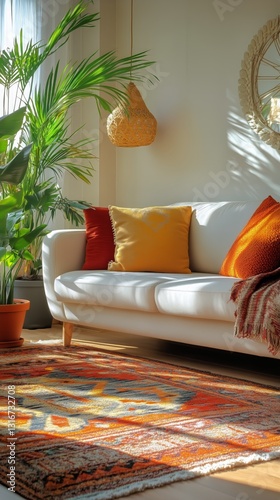 Cozy Living Room With Bright Sunlight Illuminating a Stylish Couch and Plants