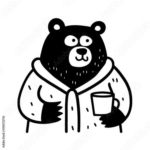 Cozy bear enjoying a warm drink while dressed in a fluffy robe in a peaceful forest setting