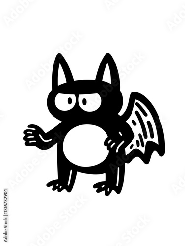 Creative and playful black bat-like creature waving cheerfully with oversized wings and expressive eyes