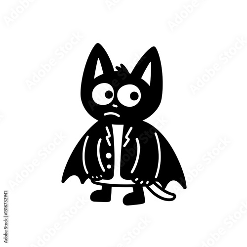 Cute cartoon cat in a cape looking confused, embodying playful creativity in a simplistic art style