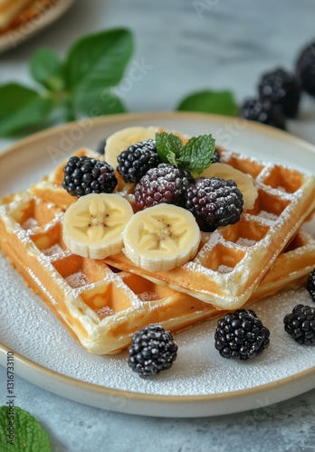 Waffle Topped With Banana Slices and Blackberries on a Plate Decorated With M...
