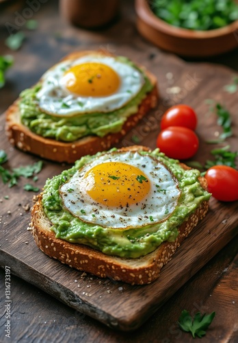 Delicious Avocado Toast With Fried Eggs and Cherry Tomatoes on Wooden Board