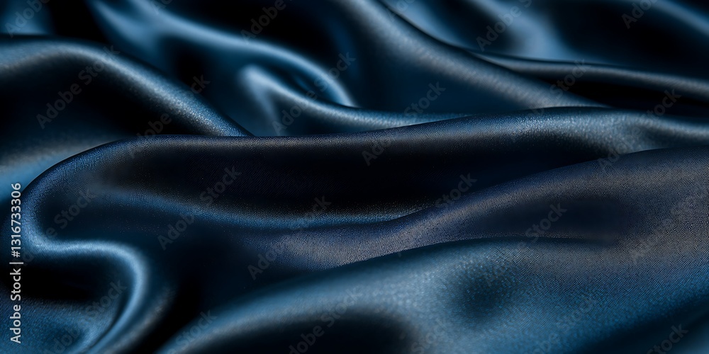 Fototapeta premium Dark blue satin fabric, smooth waves, textured background