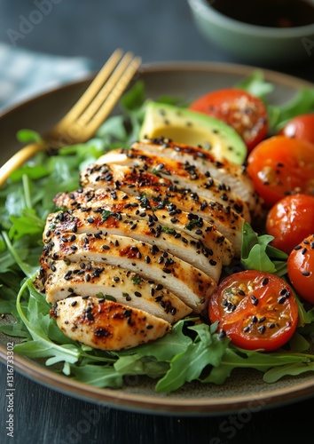 Fresh Salad With Grilled Chicken, Avocado, and Assorted Tomatoes on a Dark Plate