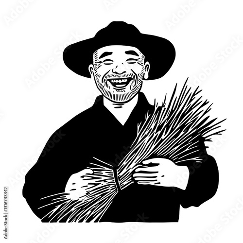 Joyful farmer holding harvested wheat in traditional attire during golden hour