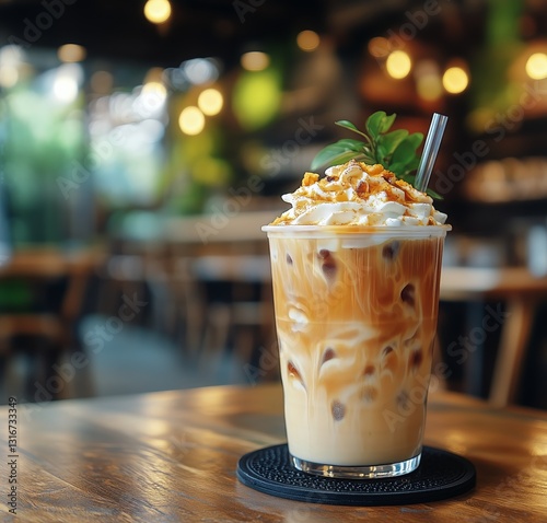 Iced Coffee Drink With Whipped Cream and Toppings at a Cozy Cafe Setting in t...