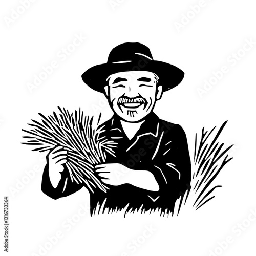 Celebrating harvest season with a joyful farmer gathering crops in a rural landscape under the warm sun