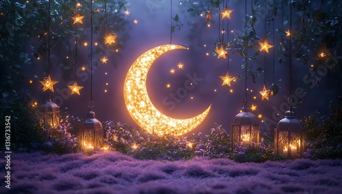 Glowing Crescent Moon and Lanterns Amid Twinkling Stars in a Purple Forest