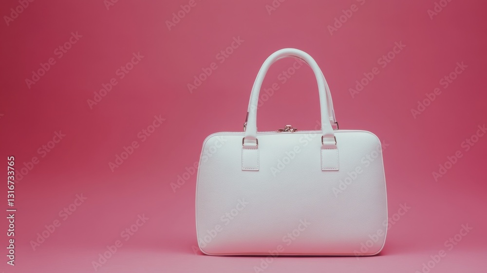 A white leather handbag displayed against a pastel pink background. A white leather handbag displayed against a pastel pink background.
