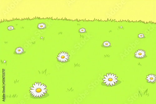 green field with white flowers and green grass