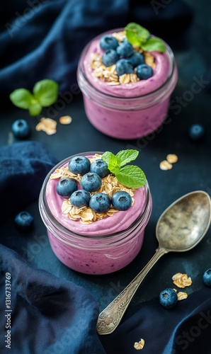 Delicious Yogurt Parfait With Blueberries and Granola Served in Elegant Glass...