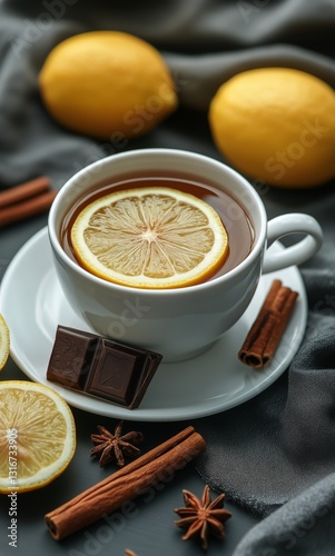 Warm Cup of Lemon Tea With Spices and Chocolate on a Dark Table