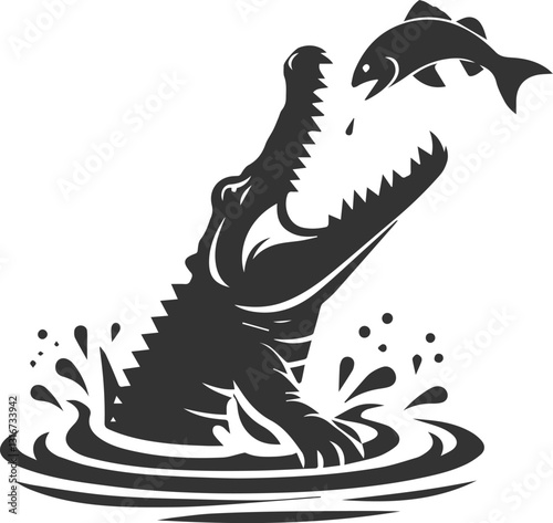 Crocodile opening its mouth to catch a falling fish vector silhouette