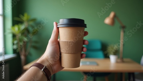 A close-up of a hand holding a reusable coffee cup, with a backdrop of a green office space photo