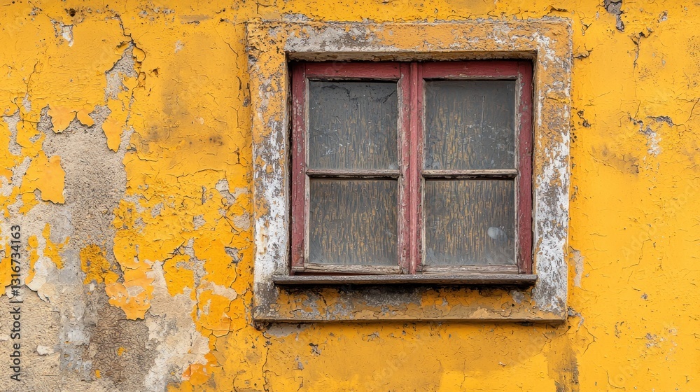A weathered window on a crumbling yellow wall, capturing the essence of time and decay. The image evokes a sense of history and nostalgia. A weathered window on a crumbling yellow wall, capturing the essence of time and decay. The image evokes a sense of history and nostalgia.