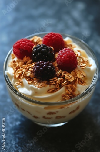 Bowl of Fresh Berries and Granola Served on a Dark Surface for a Healthy Brea...