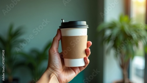 A close-up of a hand holding a reusable coffee cup, with a backdrop of a green office space photo