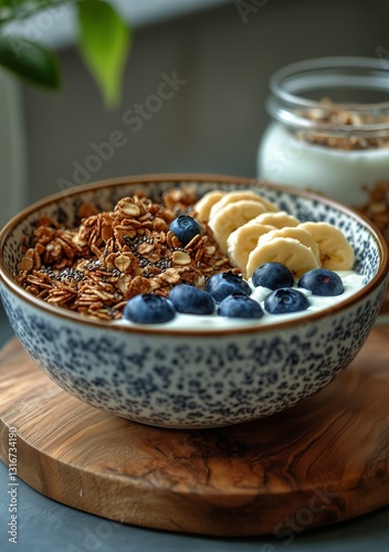 Healthy Breakfast Bowl With Granola, Yogurt, Blueberries, and Banana on Kitch...