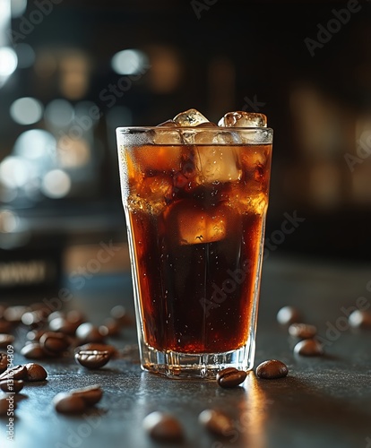 Refreshing Cold Brew Coffee Served in a Glass With Ice and Coffee Beans Scatt...
