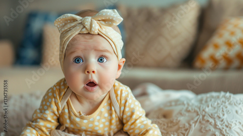 baby with blue eyes suprise expression  on living room
