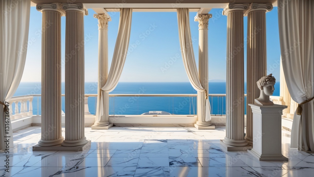 Fototapeta premium Luxurious Mediterranean Villa with Ocean View, Marble Columns & Classical Statue