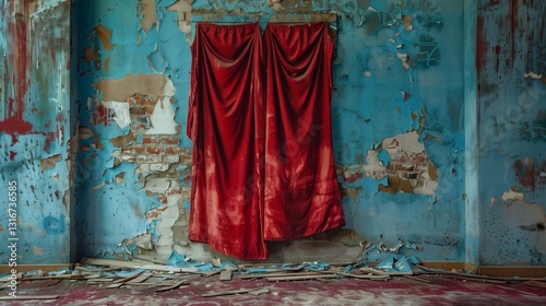 Wallpaper Mural An old, weathered red theater curtain hangs against a cracked, faded blue wall, creating a scene of long-abandoned desolation Torontodigital.ca