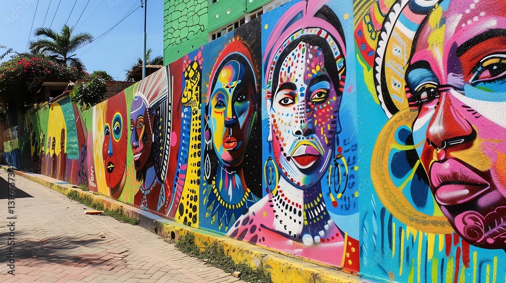 Fototapeta premium A colorful mural on a building in a street, with close-up of faces.