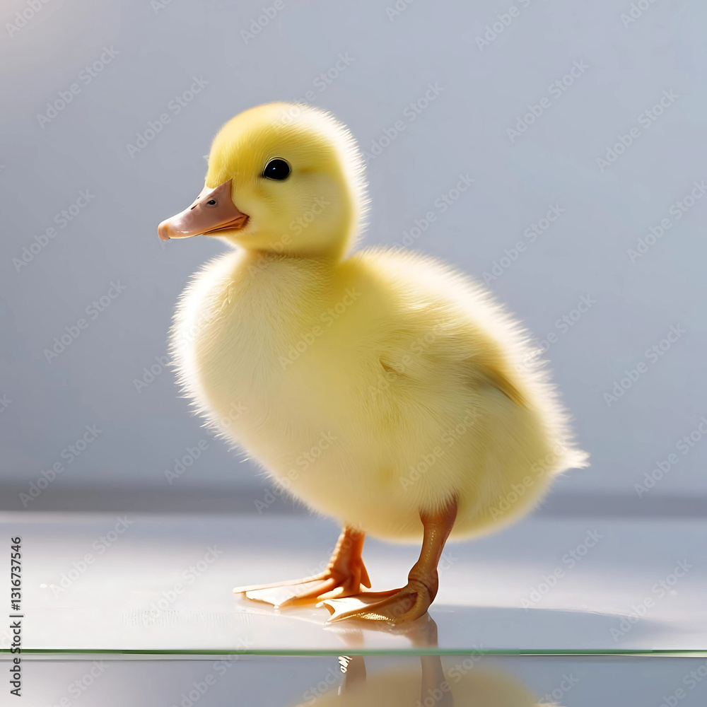 A fluffy yellow duckling, a small, adorable baby bird, isolated on a white sand beach A fluffy yellow duckling, a small, adorable baby bird, isolated on a white sand beach