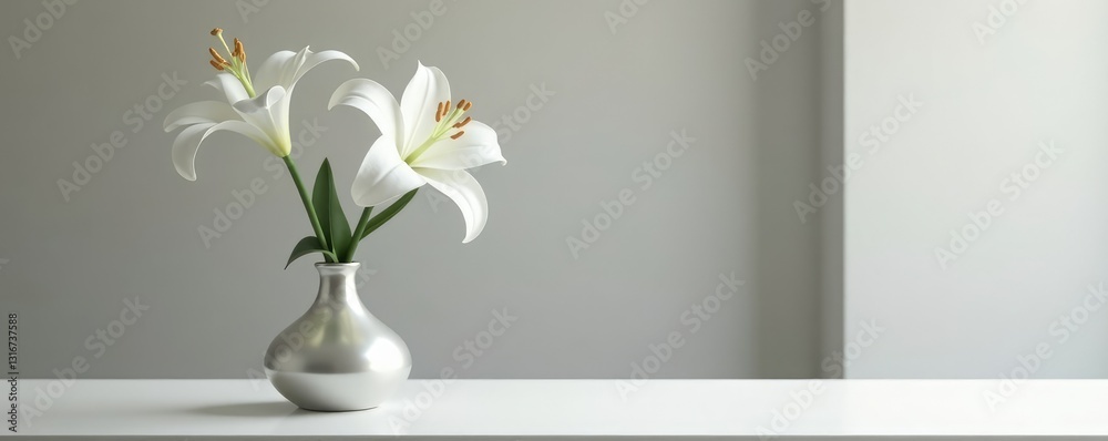 white lily in a sleek silver vase on a minimalist table, flower, minimalist, elegance white lily in a sleek silver vase on a minimalist table, flower, minimalist, elegance