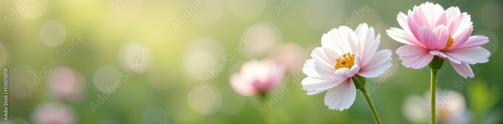 Fototapeta premium White ranunculus flowers with pink accents swaying gently in the breeze, white, blooming