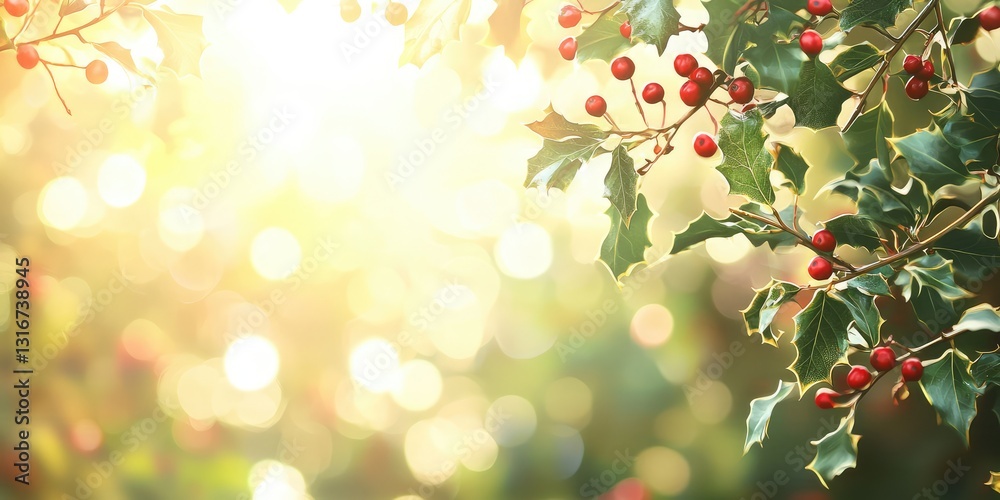 Fototapeta premium A blurred holly background with soft-focus berries and leaves, ideal for adding text overlays.