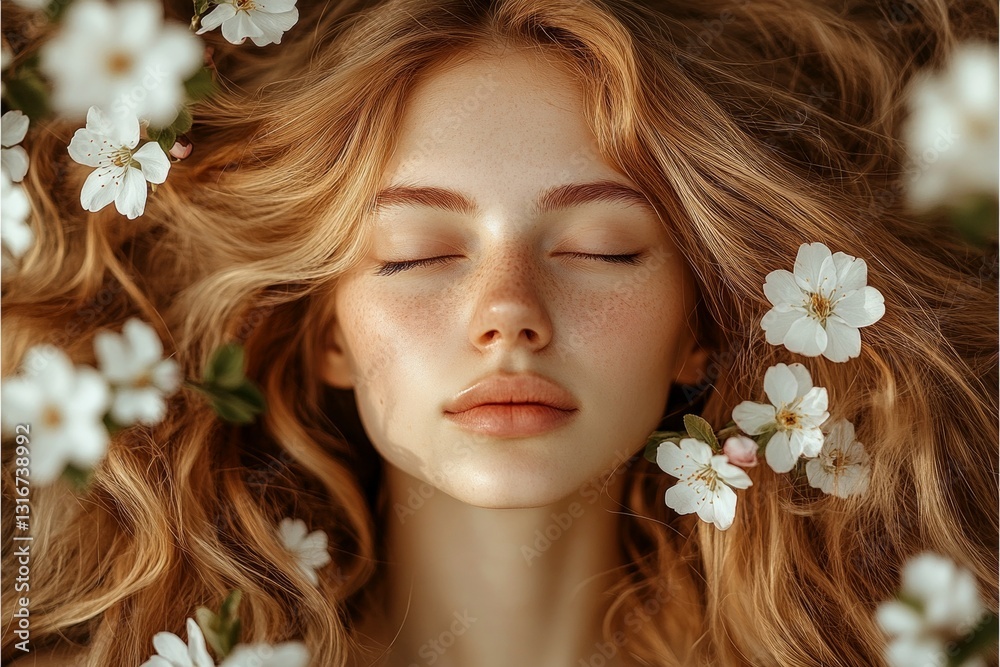 Naklejka premium Commercial ad concept art. Spring mood, dark night and warm mystic light - complementary lighting. Gorgeous caucasian young woman surrounded by cherry blossoms. Woman in bright spring garden.
