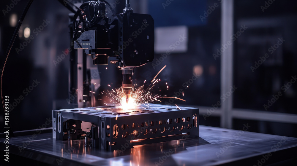 CNC welding machine operates to join metal components using advanced techniques, creating sparks in a high-tech environment CNC welding machine operates to join metal components using advanced techniques, creating sparks in a high-tech environment