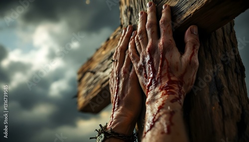 Close-up of Jesus’ hands nailed to the cross, blood trickling down the rough wood. The stormy sky looms in the background, symbolizing pain, sacrifice, and redemption.
